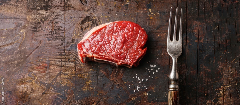 Poster Presentation of a raw steak on a fork atop a vintage table in a top view composition with available copy space image