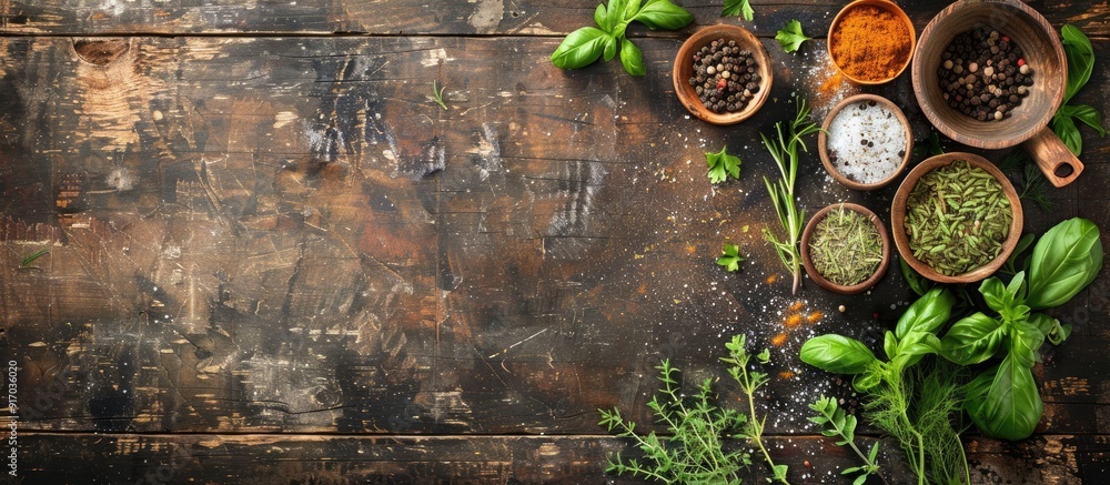 Poster assorted fresh herbs and spices for cooking presented on a dark rustic wooden backdrop with copy spa