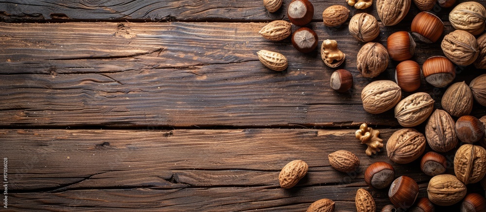 Aufkleber Assorted nuts like hazelnuts and walnuts scattered on a wooden surface seen from the top with plenty of copy space image