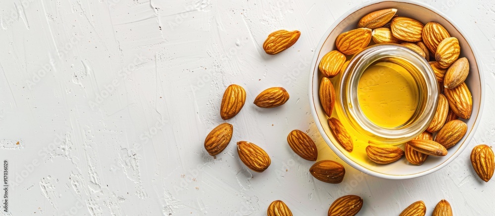 Poster a jar of almond oil placed near a bowl of almonds on a white background viewed from the top creating