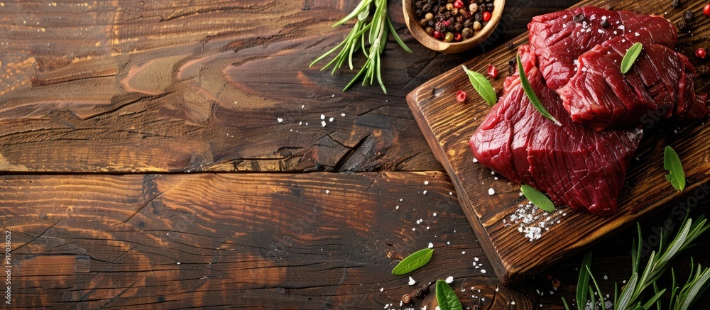 Poster Raw beef steak on a wooden cutting board with copy space image is displayed