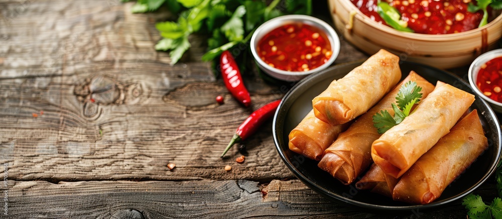 Poster focused photography of chinese spring rolls with sweet chili sauce on a wooden table with space for 