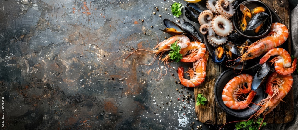 Poster A fresh seafood mix including shrimp squid mussel and octopus displayed on a rustic table setting with a copy space image suitable for various diets like keto paleo vegetarian or pescetarian