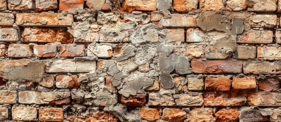 Fototapeta premium A dilapidated brick wall with deteriorating stones provides a weathered look in the close up copy space image