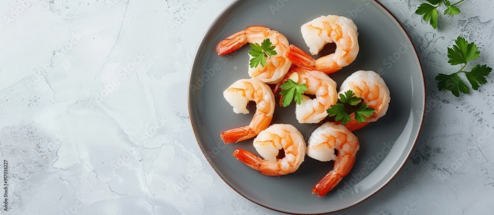 Poster An aerial photograph captures shrimp sushi arranged on a gray plate with ample copy space image around it