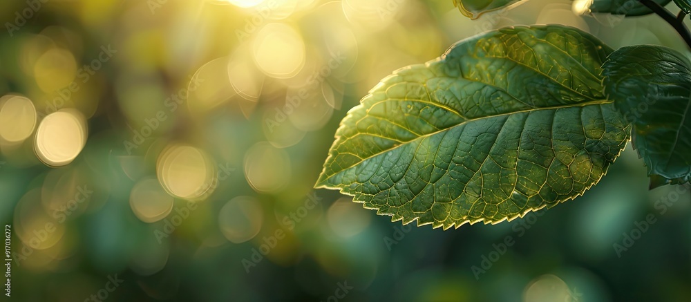 Canvas Prints Green leaf in focus against a blurred garden backdrop with copy space image embodying a natural theme for a wallpaper or ecological design