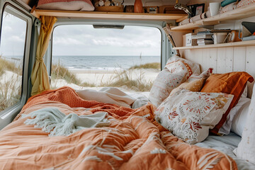 The interior of camper van retreat with ocean scenery through open doors