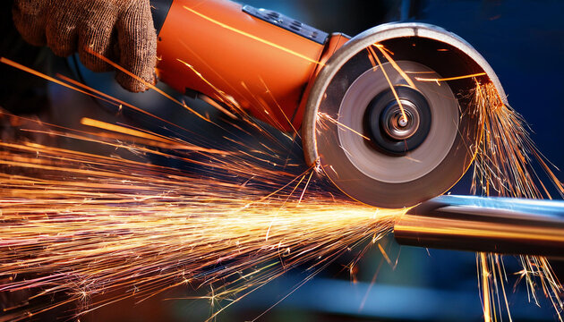 sparks from a grinder cutting steel tube