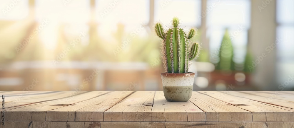 Poster A cactus displayed on a coffee cafe s wooden table with a background and room for a copy space image