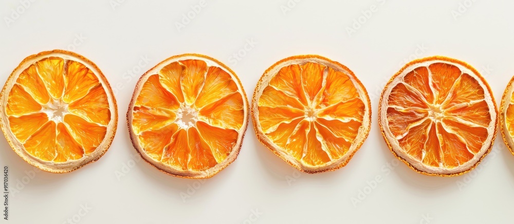 Poster Dried orange slices arranged in a row create a fruit pattern on a white backdrop with copy space image