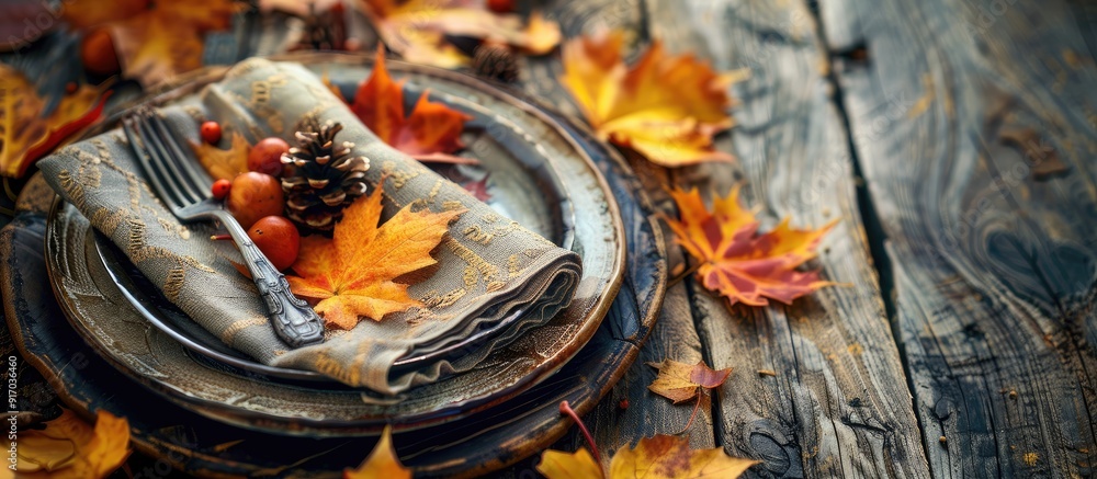 Poster autumn themed plate silverware in a napkin with fall decor on a wooden background ideal for thanksgi