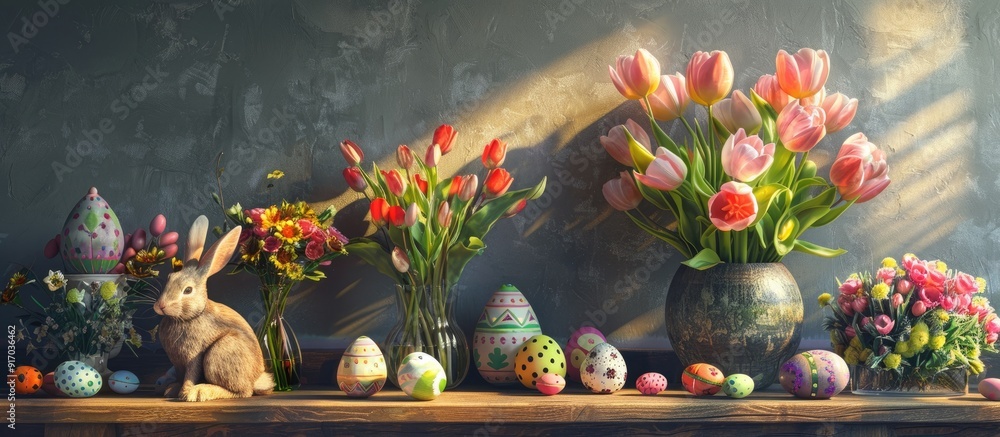 Poster Easter themed objects like tulips in a vase Easter eggs and a rabbit are visible in the copy space image