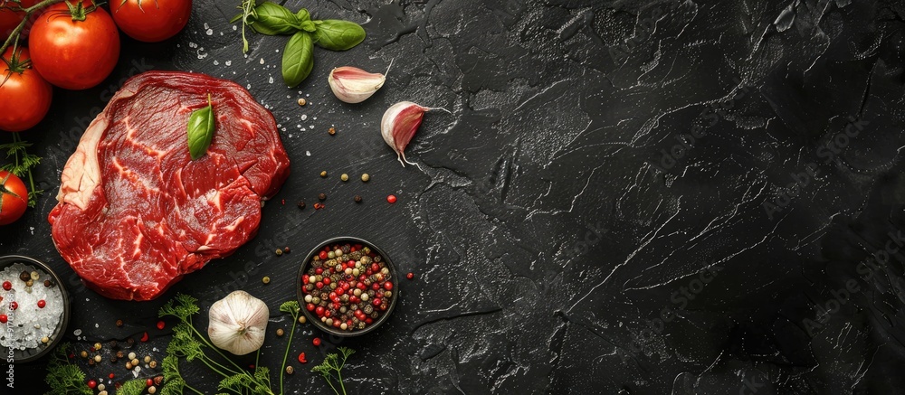 Poster top view of a raw marbled beef steak surrounded by cooking ingredients on a black slate stone or con