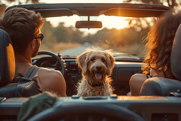 Road trip at sunset with a happy dog and couple in the car