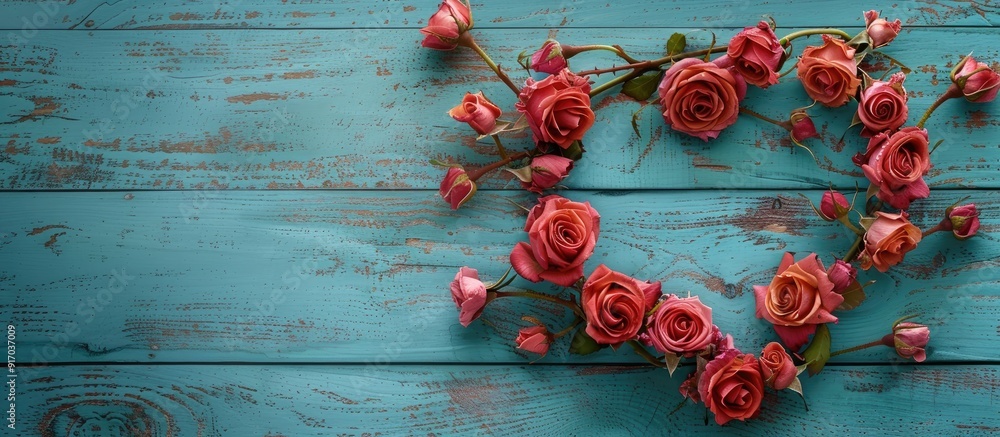 Aufkleber Old rose heart frame for Valentine s Day on a wooden backdrop ideal for adding a copy space image