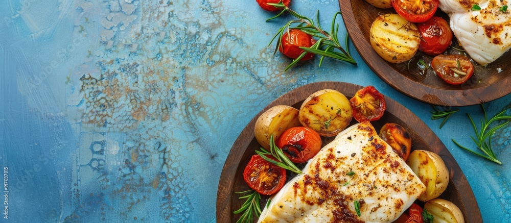 Poster top view of a wooden plate serving baked halibut with roasted tomato and potato on a blue background