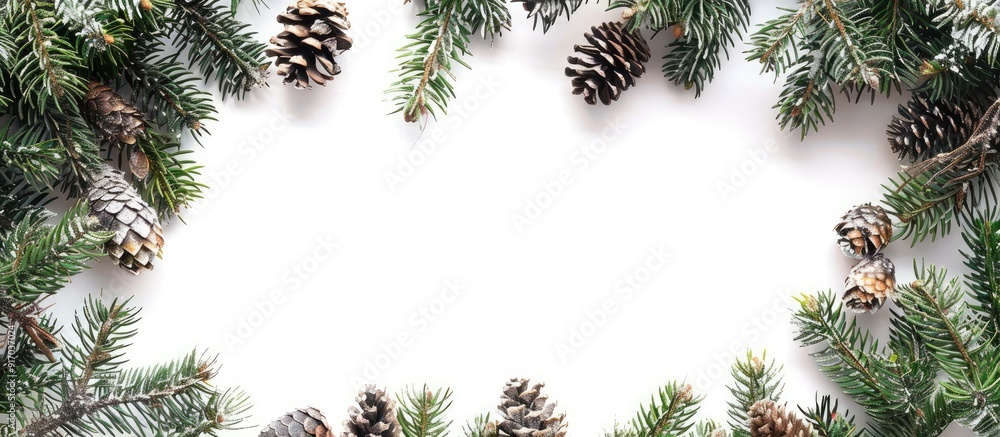 Aufkleber Christmas themed border on white background featuring an expansive arch shape created from fresh fir branches and cones perfect for adding copy space image