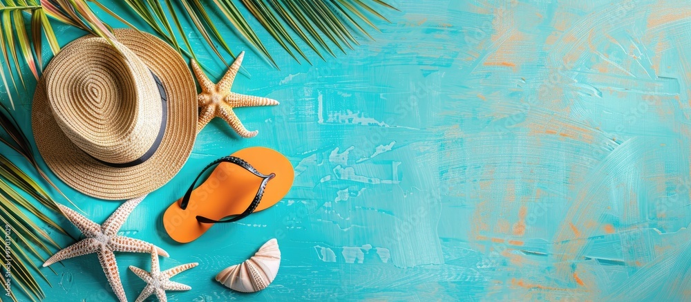 Aufkleber top view of tropical beach accessories like a hat and flip flops on a flat lay perfect for summer va