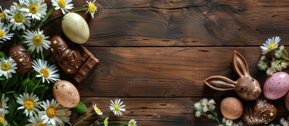 Leinwandbilder top view of a lovely easter arrangement featuring a chocolate bunny eggs and flowers on a wooden bac