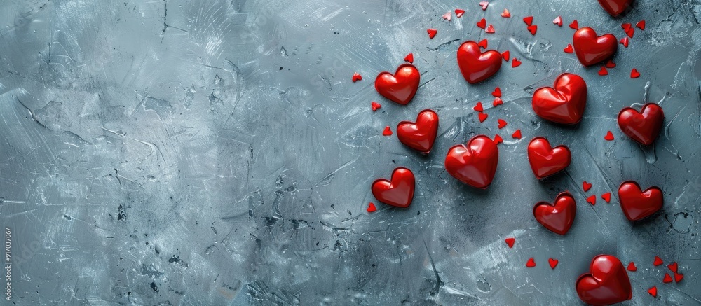 Aufkleber Valentine s Day themed flat lay with small red hearts on a gray background featuring copy space image