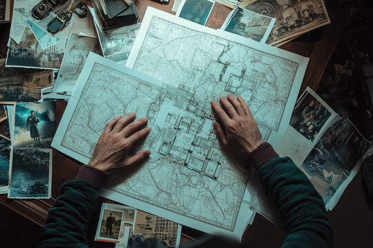 Mastermind strategizes intricate break-in, studying mansion blueprints amidst scattered photos and tools, plotting daring and meticulous heist at dawn.