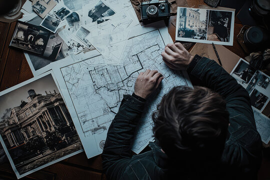 Mastermind meticulously studies intricate blueprints of grand mansion amid scattered photos, laying out audacious heist plan with precision.