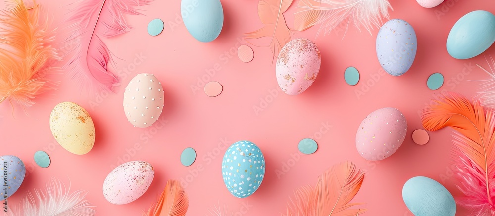 Aufkleber a minimal easter greeting card design featuring pastel pink background with colored eggs feathers an