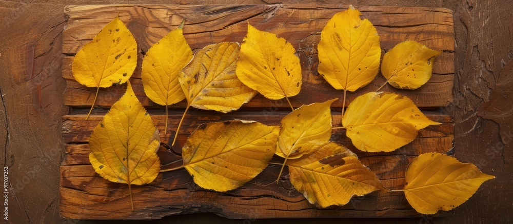 Poster yellow leaves are resting on a brown board providing an ideal copy space image