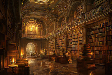 Obraz premium A vast, ornate library filled with ancient scrolls and illuminated manuscripts, lit by warm, golden light that creates a magical and timeless atmosphere.