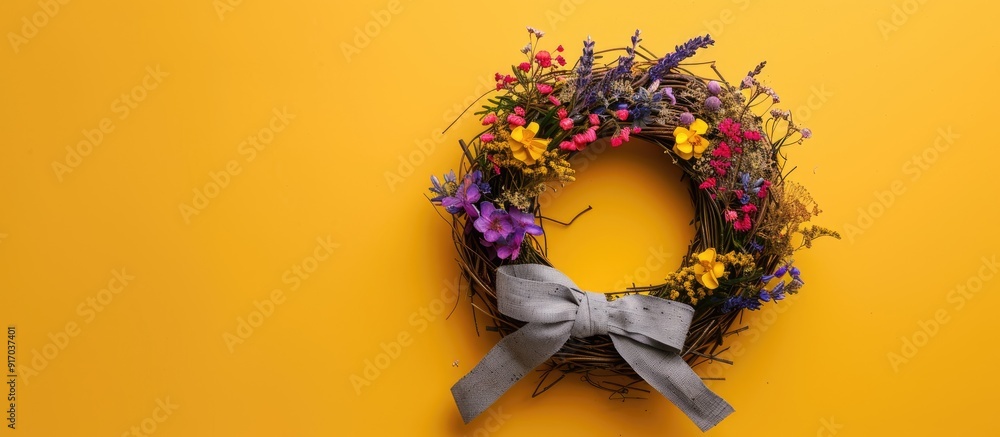 Aufkleber top view of a willow wreath adorned with various lovely flowers and a gray bow against a yellow back