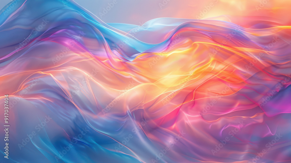 Poster abstract background, in the center, a translucent iridescent swirling shape dances gracefully, refle