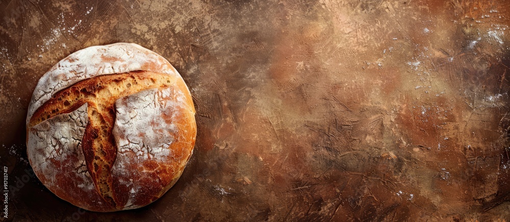 Poster A rustic image with a fresh white bread French bun made of wheat flour on a table suitable for a meal or snack viewed from the top with space for text reflects a vegan or vegetarian food background