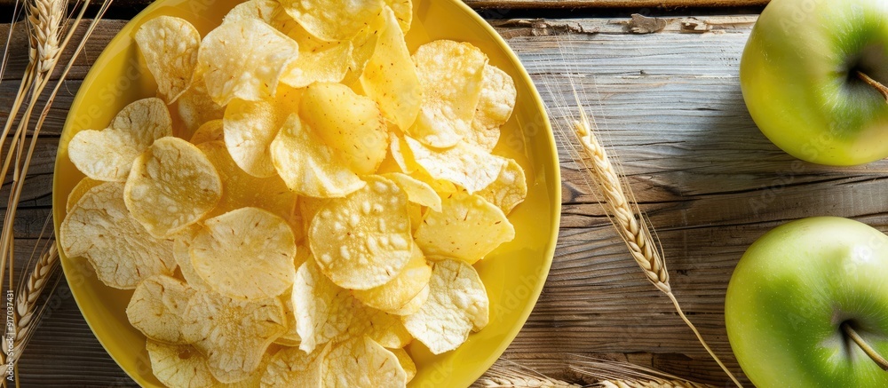 Poster top view of apple chips on a yellow plate surrounded by a green apple and wheat spica on a wooden ta