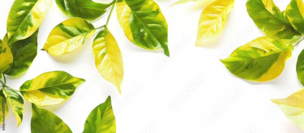 Aufkleber Green and yellow leaves set on a white backdrop for use in background or interior design ideal for a copy space image