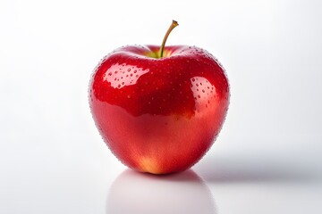 Red apple with water drops on a white background, close-up