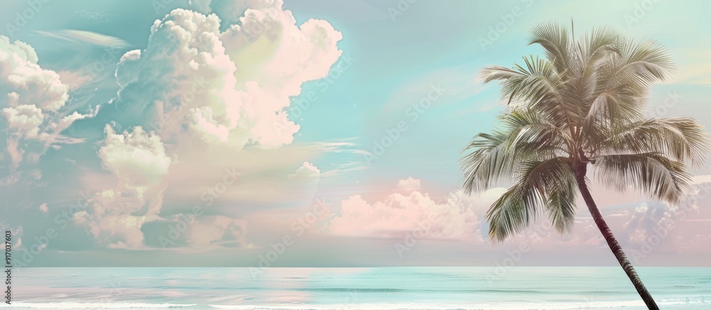 Poster A tranquil summer day at the beach under a palm tree with a pastel hued sky clouds and a blurred background offering copy space image