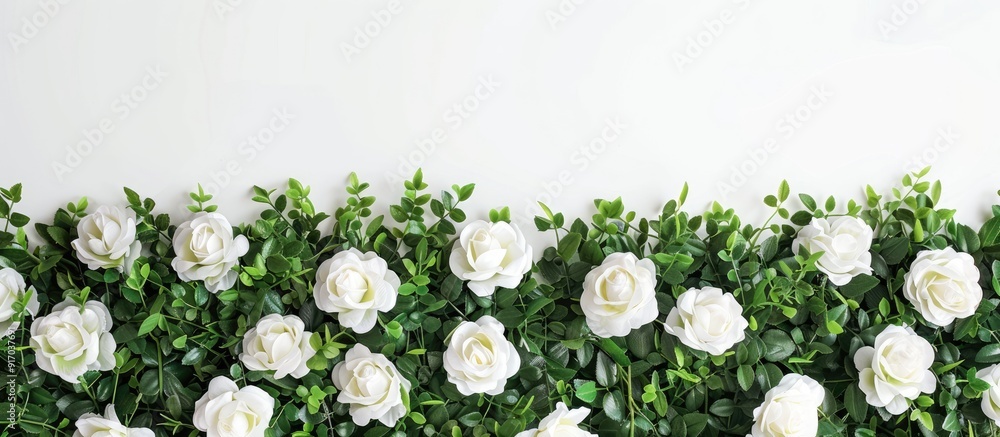 Aufkleber top view of spring white roses on green grass set against a white background with room for text idea
