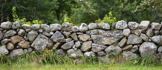 Rustic stone fence constructed without cement or mortar set against a backdrop with room for text or lettering in the image. copy space available