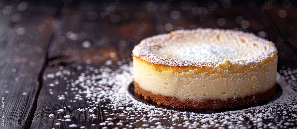 Poster close up of a cheesecake with powdered sugar resting on a dark wooden table with copy space image