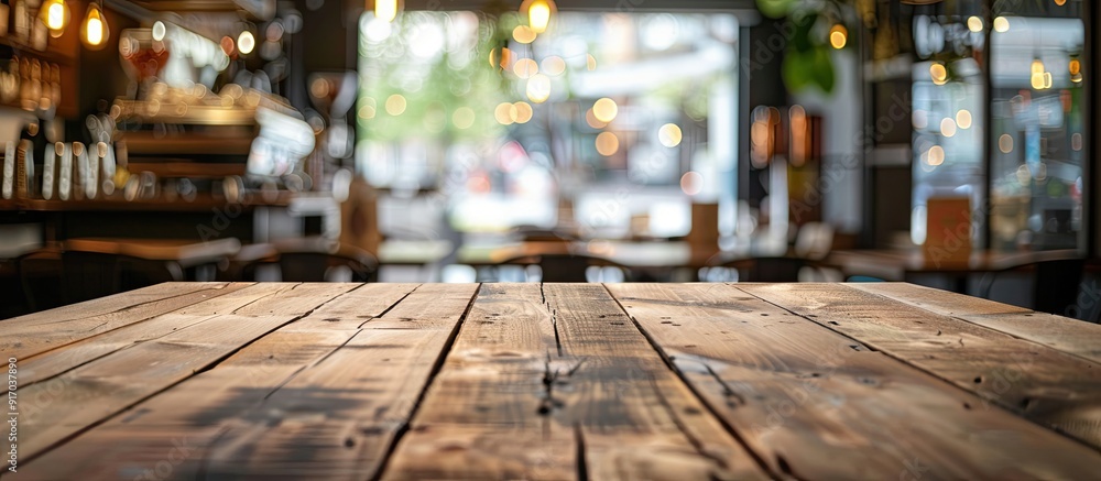Poster perfect for showcasing your products this image features a focused empty wooden table with a blurred
