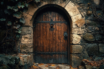 Aged wooden door set in a stone archway, covered with vines, leads to an ancient, hidden wine...