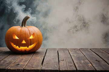 Glowing pumpkin lantern on wooden background with space for text, on dark background, halloween concept