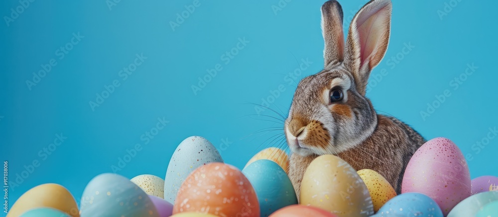 Poster an image with a close up of the easter bunny surrounded by vibrant eggs on a blue backdrop offers am