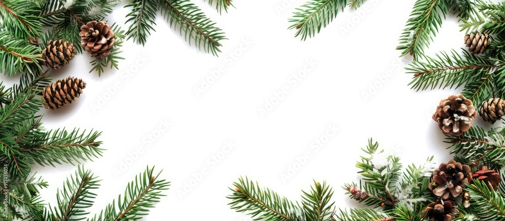 Fototapete Christmas themed border on white background featuring an expansive arch shape created from fresh fir branches and cones perfect for adding copy space image