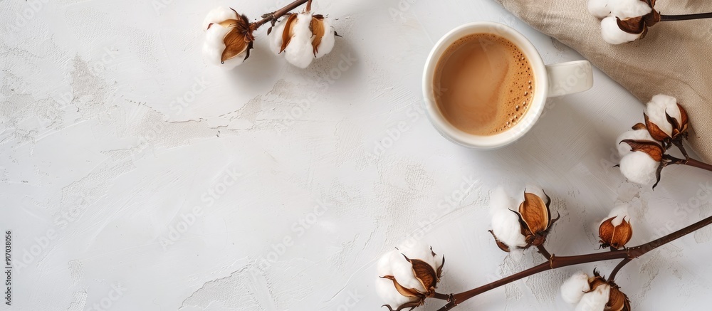 Poster top view of a cotton branch and a coffee cup with milk against a light background featuring a copy s