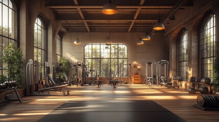 Naklejka premium A hyper-realistic image of a modern gym interior with large arched windows, natural light, and well-organized fitness equipment in a spacious, industrial-style setting.