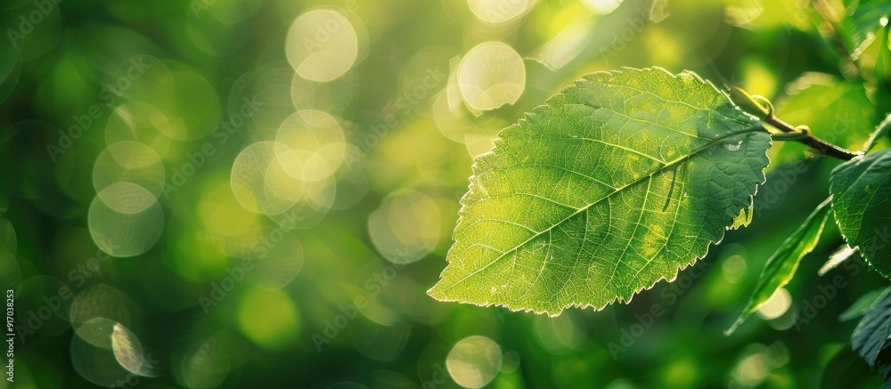 Leinwandbilder Natural scenery with a close up of a lush green leaf under sunlight against a blurry green backdrop with bokeh effect ideal as a nature themed copy space image