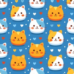 Colorful pattern featuring cute cartoon cat faces on a blue background.