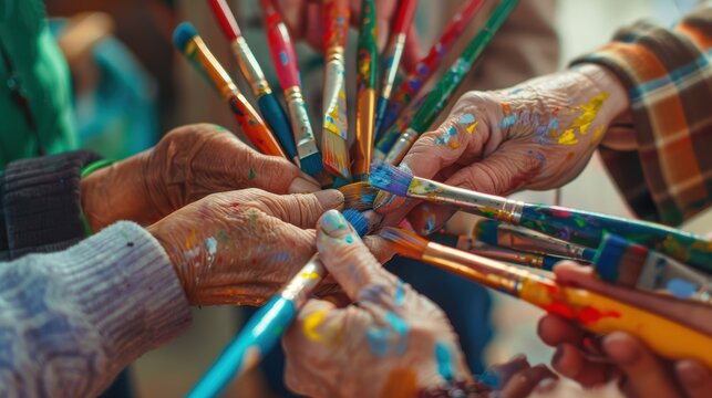 Creative team of painters holding paintbrushes together, hands stained with paint as a symbol of collaboration and artistry