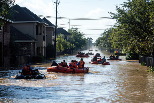 Brave responders navigate flooded streets in boats, rescuing trapped residents after an overwhelming deluge, showcasing human resilience and community support.